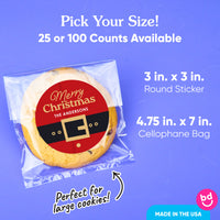 Custom Text Stickers & Clear Cookie Bags - Jolly Santa - 25 Ct