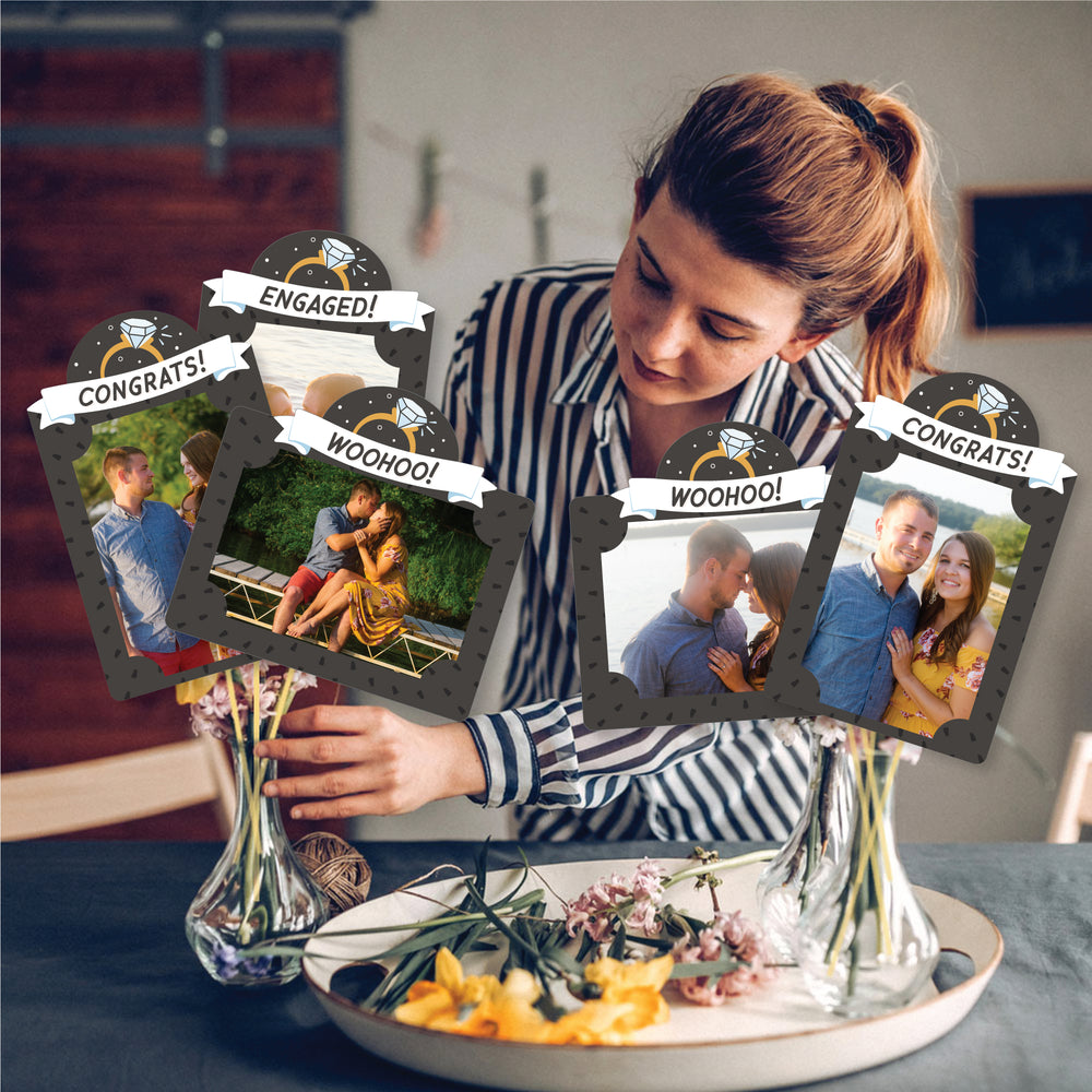 Just Engaged - Black and White - Engagement Party Picture Centerpiece Sticks - Photo Table Toppers - 15 Pieces