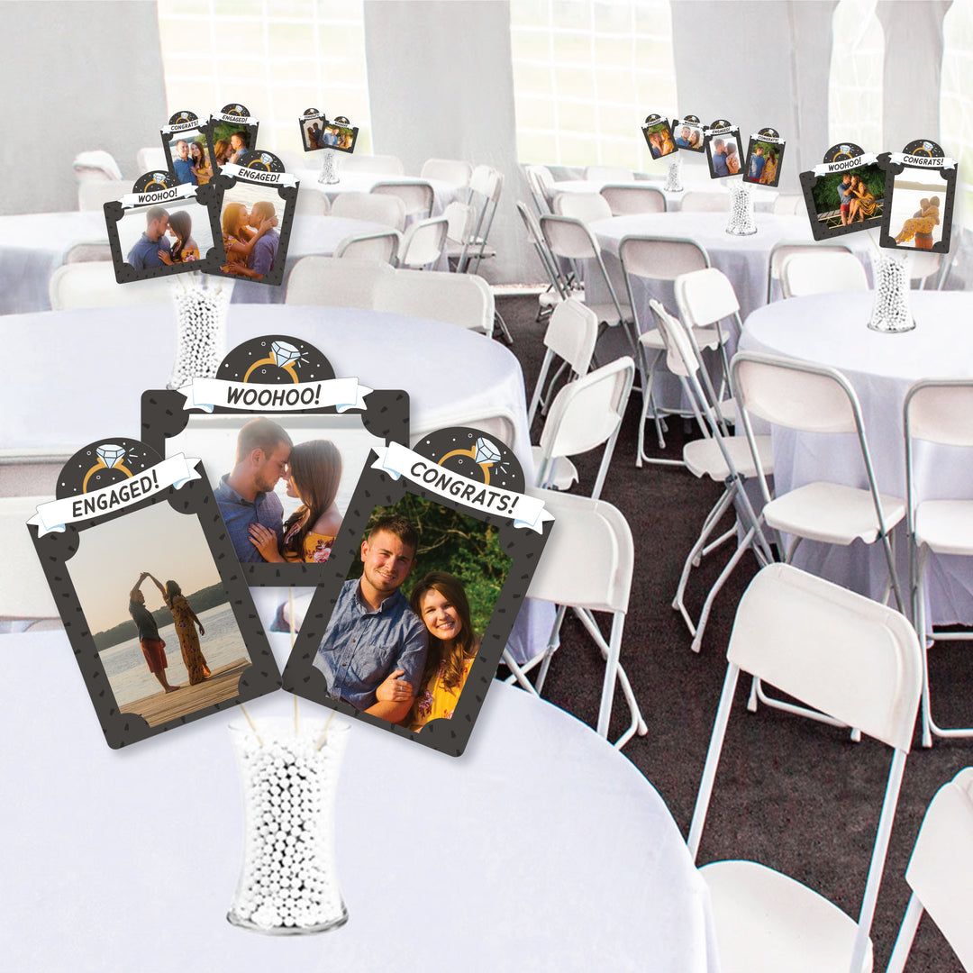 Just Engaged - Black and White - Engagement Party Picture Centerpiece Sticks - Photo Table Toppers - 15 Pieces