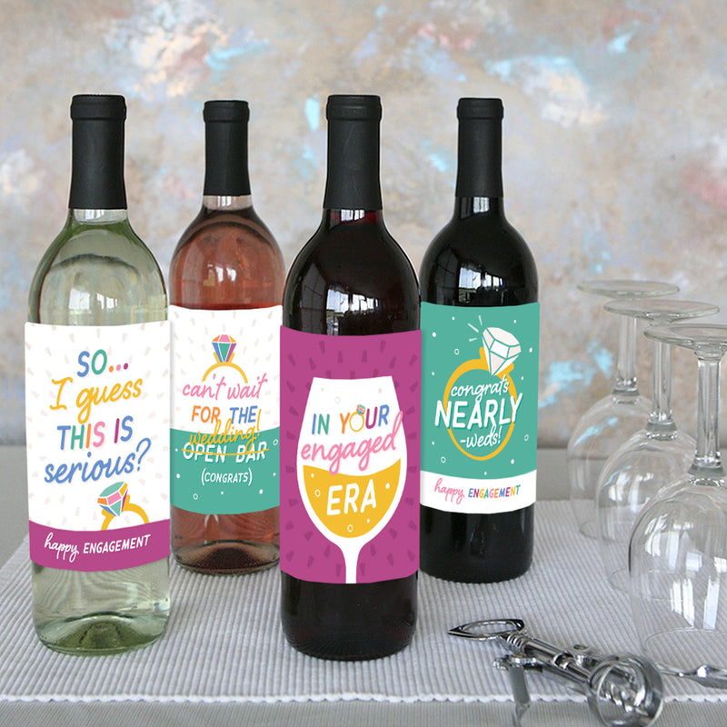 Just Engaged - Colorful - Engagement Party Decorations for Women and Men - Wine Bottle Label Stickers - Set of 4
