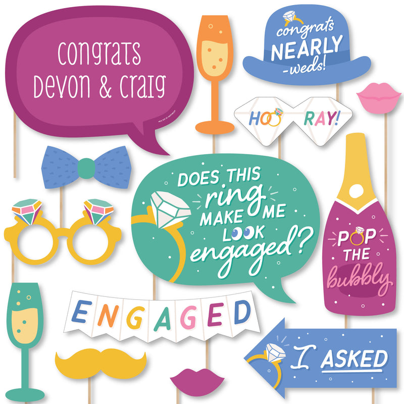 Just Engaged - Colorful - Personalized Engagement Party Photo Booth Props Kit - 20 Count