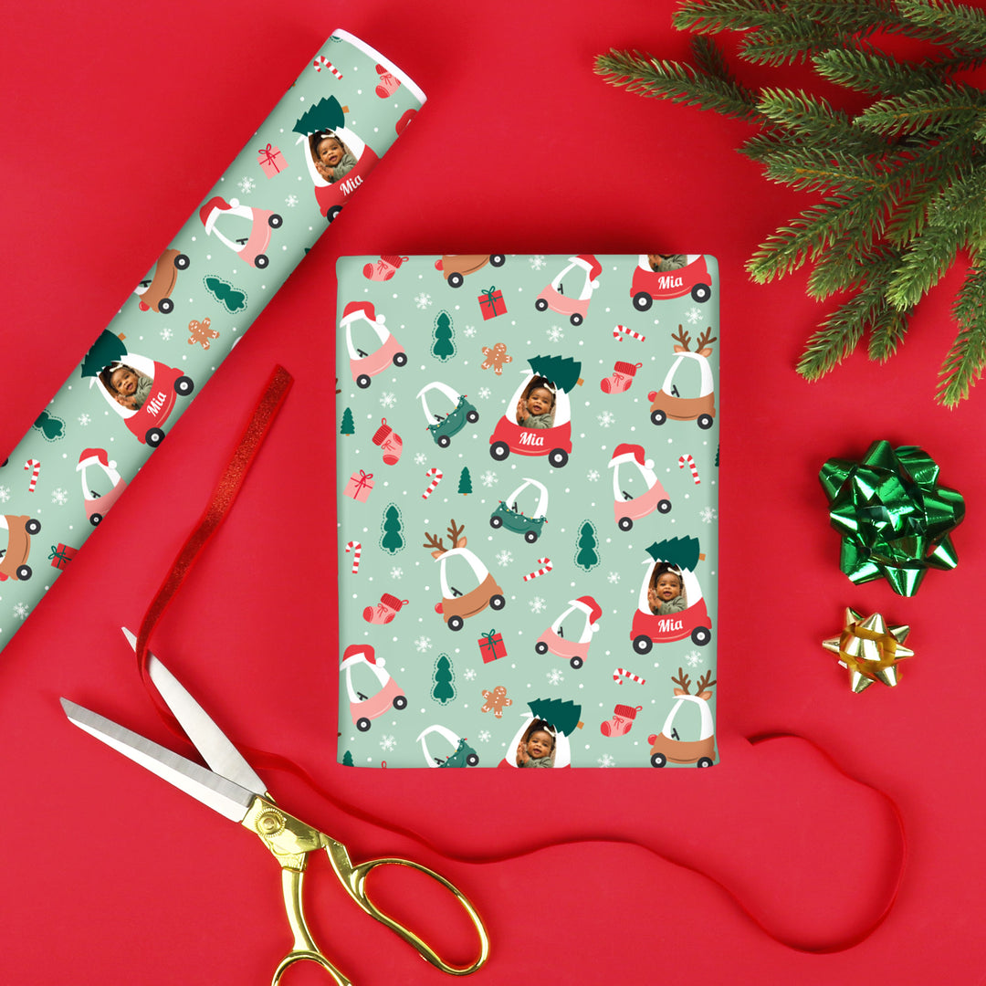 Custom Photo and Text Wrapping Paper - Kids Christmas Tree Car
