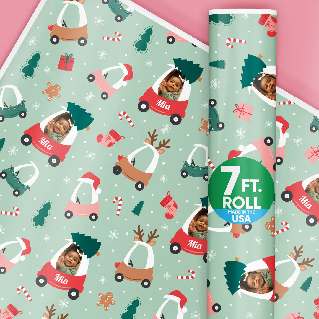 Custom Photo and Text Wrapping Paper - Kids Christmas Tree Car