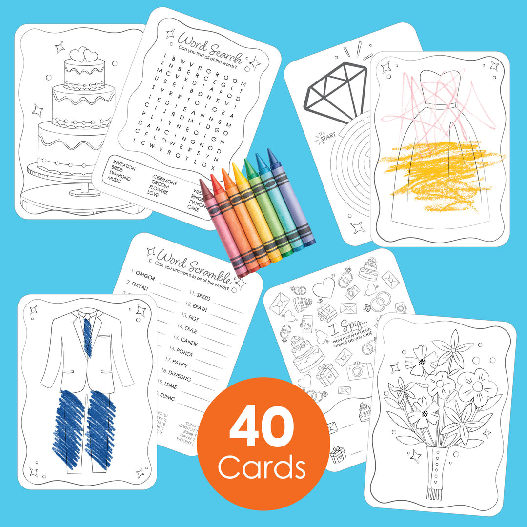 Set of educational cards with coloring and word scramble activities on a blue background, featuring crayons.