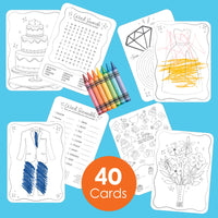Set of educational cards with coloring and word scramble activities on a blue background, featuring crayons.