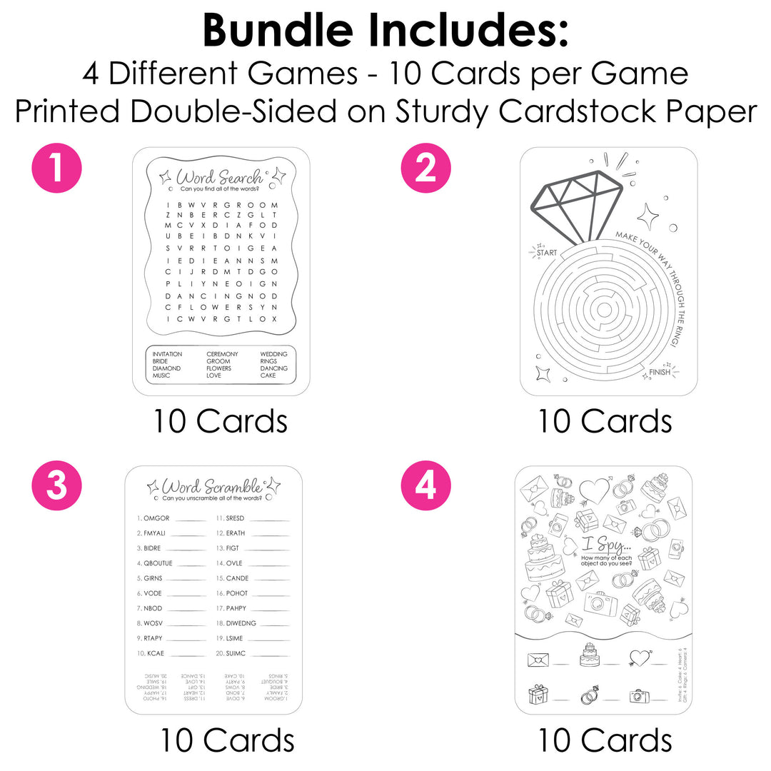 Set of educational game cards with different activities on a white background