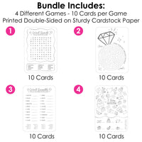 Set of educational game cards with different activities on a white background
