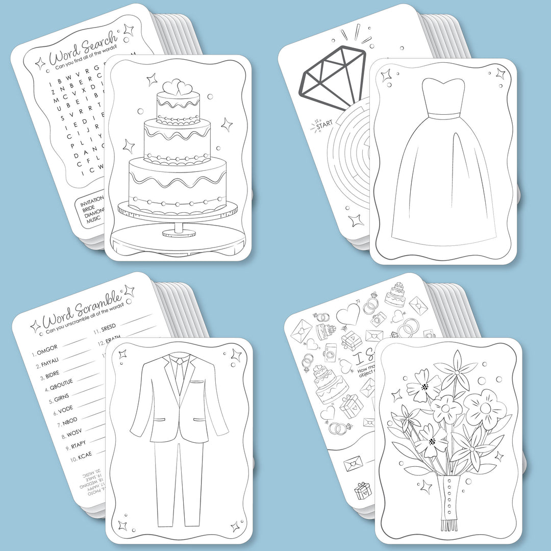Set of wedding-themed kids coloring pages on a blue background. Kids table wedding activity for kids 