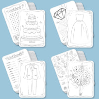 Set of wedding-themed kids coloring pages on a blue background. Kids table wedding activity for kids 
