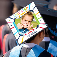 Preschool graduation cap styled with colorful cover