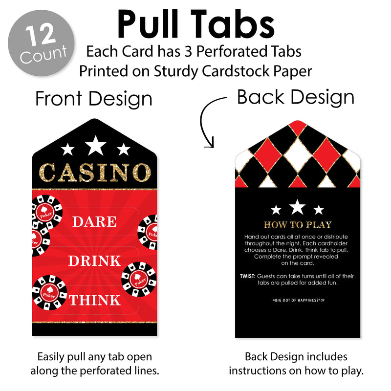 Las Vegas - Casino Party Game Pickle Cards - Dare, Drink, Think Pull Tabs - Set of 12