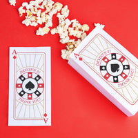 Custom Playing cards bags with a unique design on a red background, featuring popcorn.