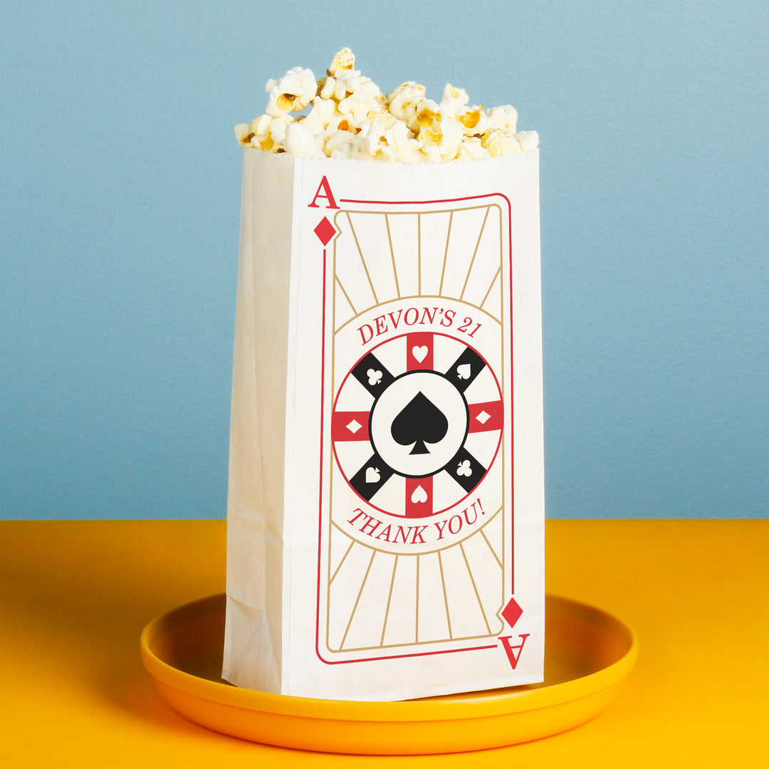 Playing card-themed popcorn bag with 'Devon's 21 Thank You!' text on a blue and yellow background.