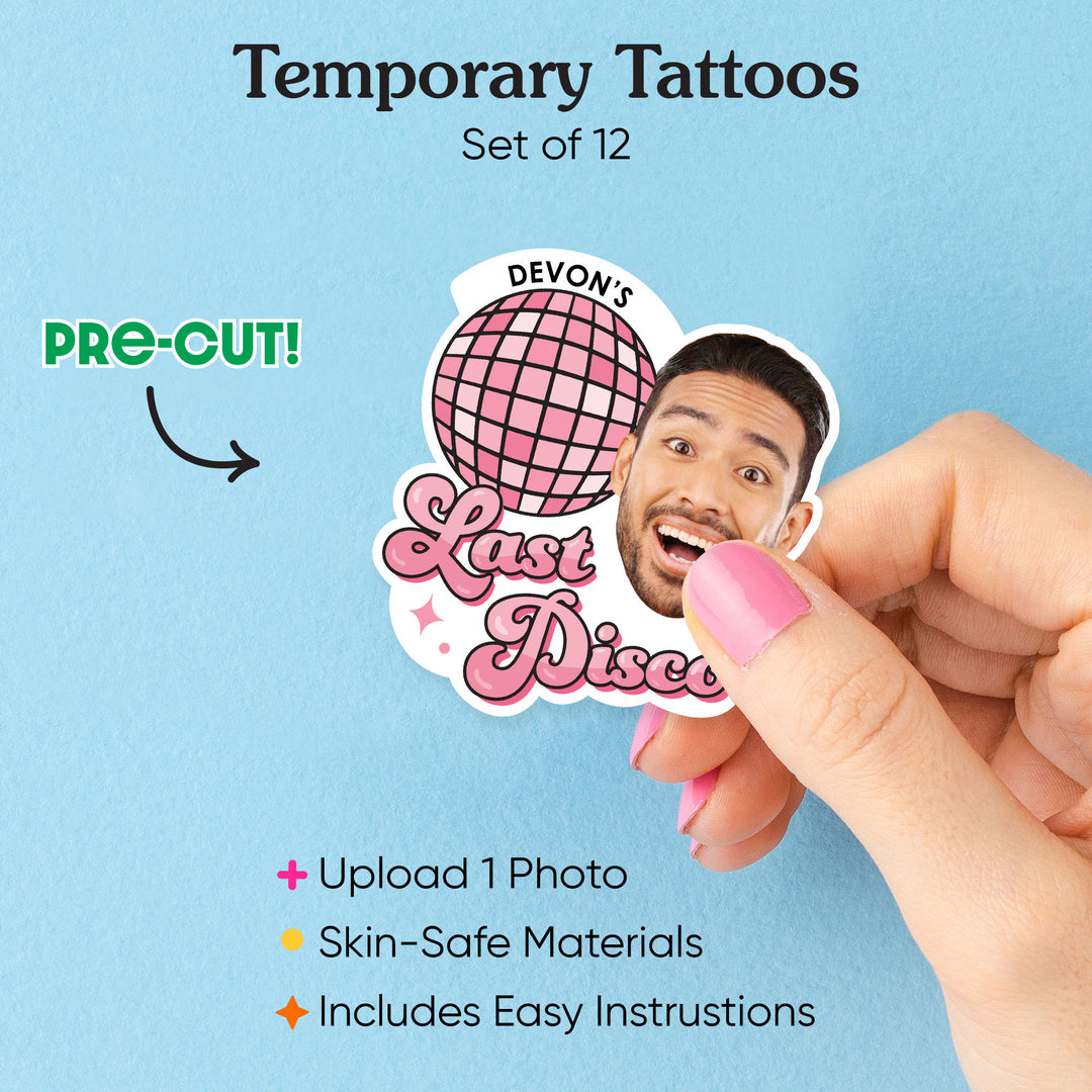 Custom Photo Last Disco - Bachelorette Party Favors - Fun Face Temporary Tattoos - Set of 12