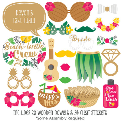 Last Luau - Personalized Tropical Bachelorette Party and Bridal Shower Photo Booth Props Kit - 20 Count
