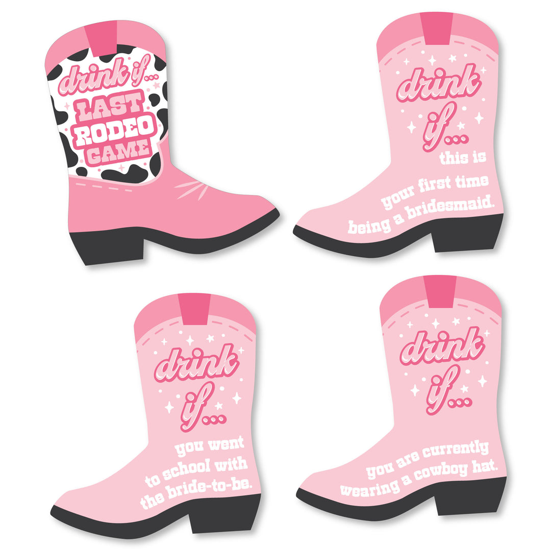 A set of four pink cowgirl boot-shaped drinking game cards for bachelorette parties with various text prompts for 'Drink If' game scenarios.