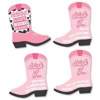 A set of four pink cowgirl boot-shaped drinking game cards for bachelorette parties with various text prompts for 'Drink If' game scenarios.