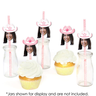 Custom Photo Last Rodeo - Pink Cowgirl Bachelorette Party Fun Face Paper Straw Decor - Set of 24