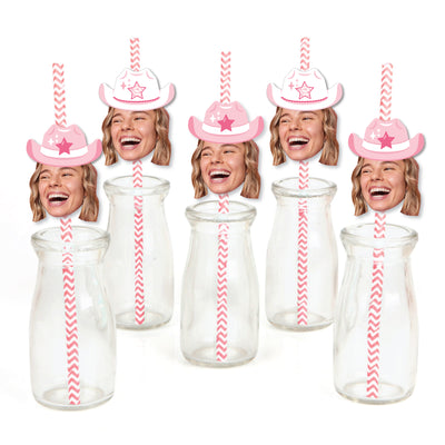 Custom Photo Last Rodeo - Pink Cowgirl Bachelorette Party Fun Face Paper Straw Decor - Set of 24