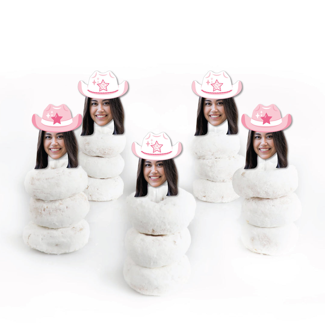 Custom Photo Last Rodeo - Pink Cowgirl Bachelorette Party Dessert Cupcake Toppers - Fun Face Clear Treat Picks - Set of 24