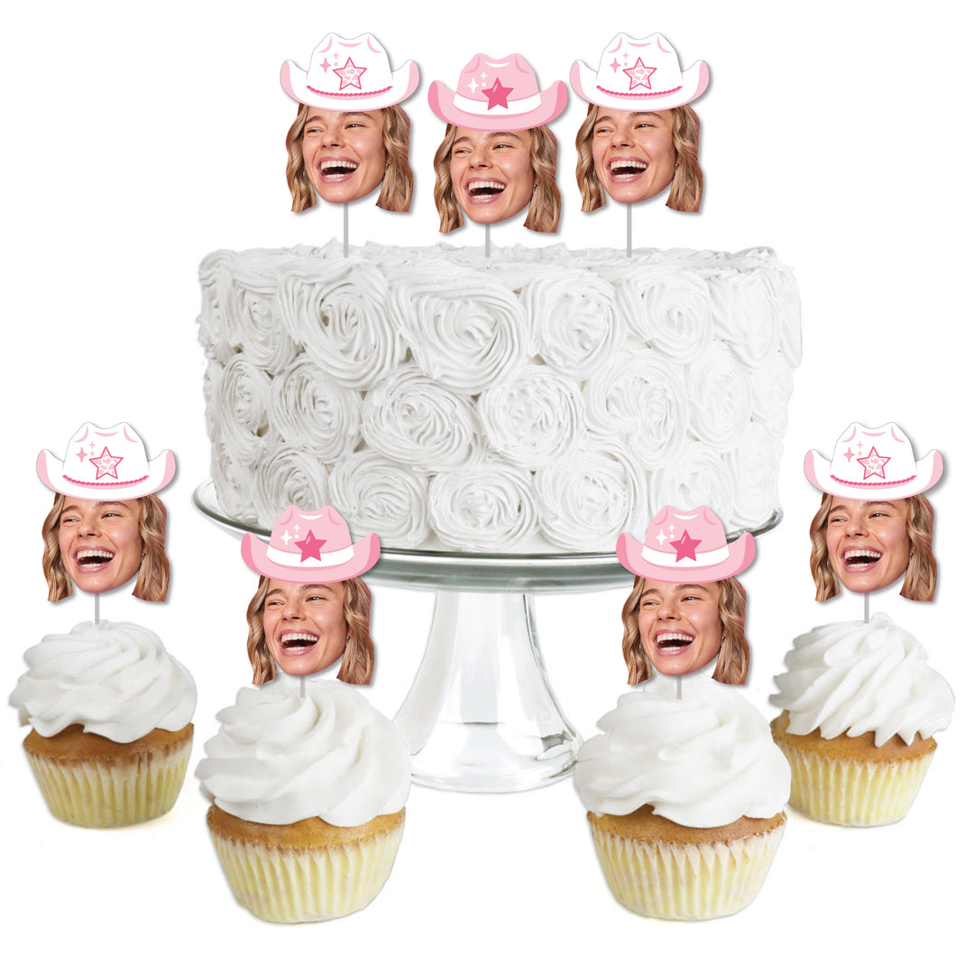 Custom Photo Last Rodeo - Pink Cowgirl Bachelorette Party Dessert Cupcake Toppers - Fun Face Clear Treat Picks - Set of 24