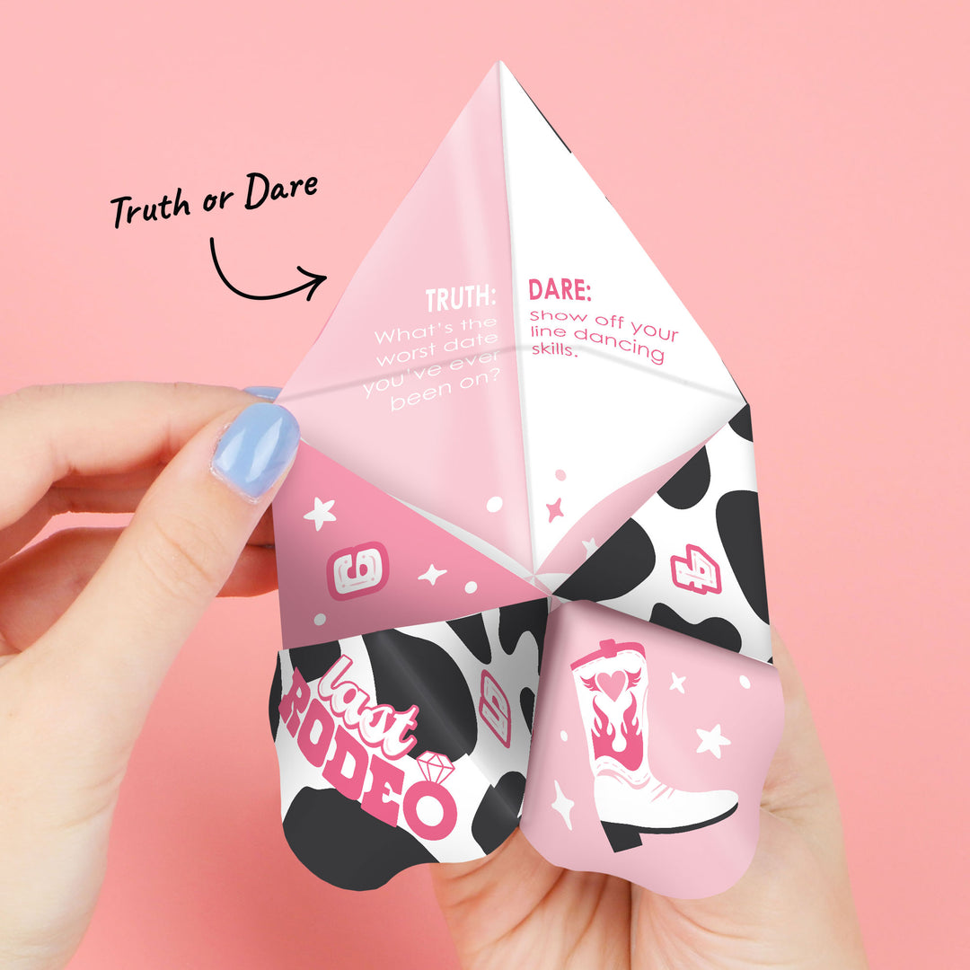 Last Rodeo - Pink Cowgirl Bachelorette Party Cootie Catcher Game - Truth or Dare Fortune Tellers - Set of 12