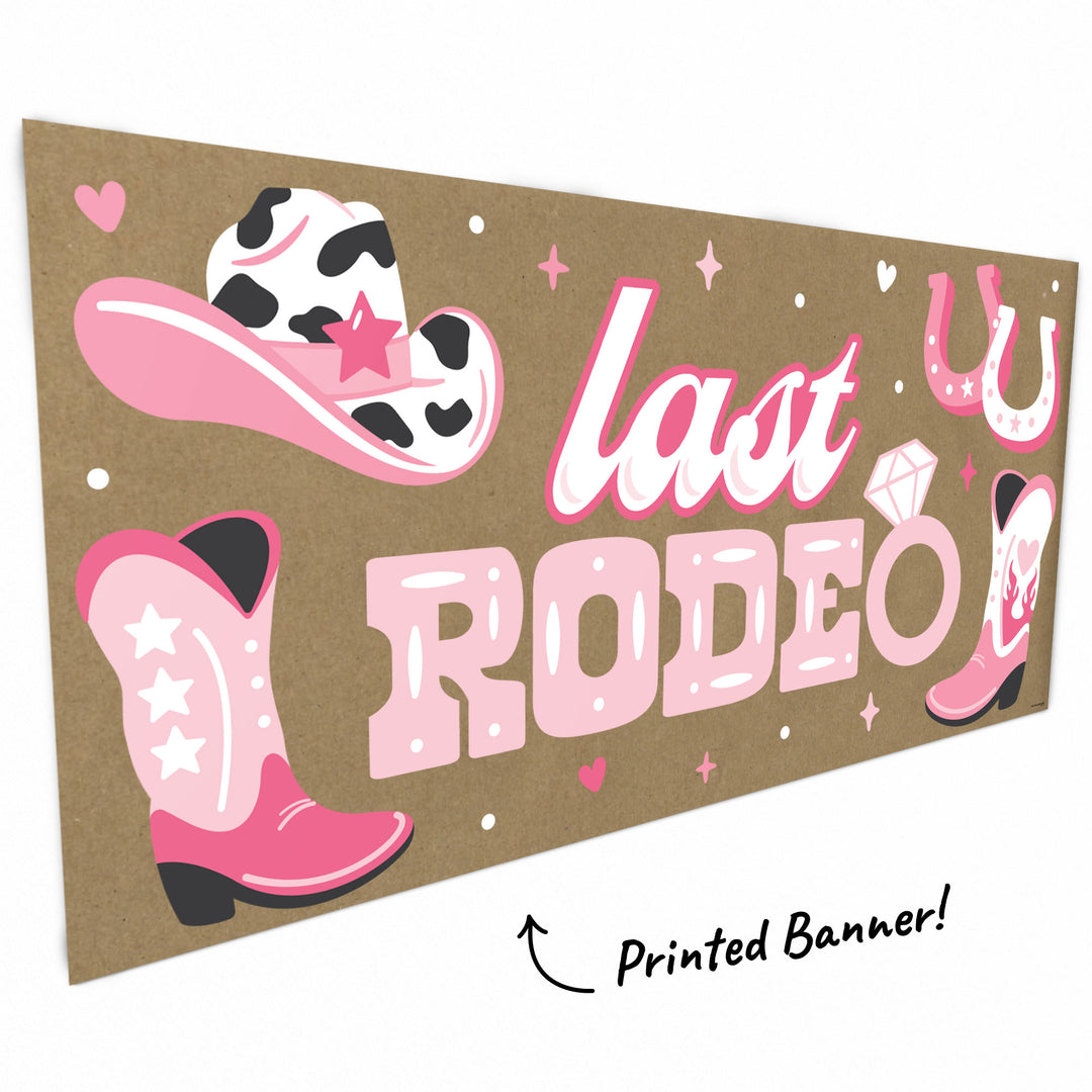 Close-up of boots, cowboy hat, and horseshoes on rodeo banner