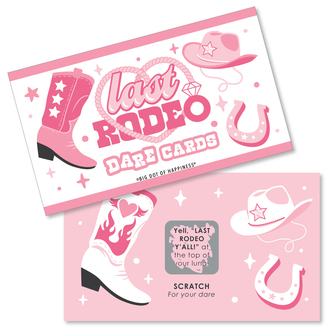 The image shows two cards from the 'Last Rodeo - Pink Cowgirl Bachelorette Party Game Scratch Off Dare Cards' set. The first card is a pink scratch-off card with illustrations of boots, hats, and stars, and the text 'Last Rodeo Bachelorette Party Dare Cards'.