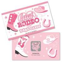 The image shows two cards from the 'Last Rodeo - Pink Cowgirl Bachelorette Party Game Scratch Off Dare Cards' set. The first card is a pink scratch-off card with illustrations of boots, hats, and stars, and the text 'Last Rodeo Bachelorette Party Dare Cards'.