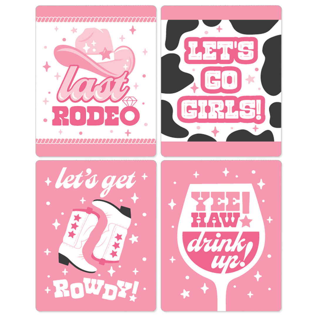 Last Rodeo - Pink Cowgirl Bachelorette Party Decorations for Women and Men - Wine Bottle Label Stickers - Set of 4