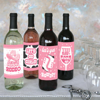 Last Rodeo - Pink Cowgirl Bachelorette Party Decorations for Women and Men - Wine Bottle Label Stickers - Set of 4