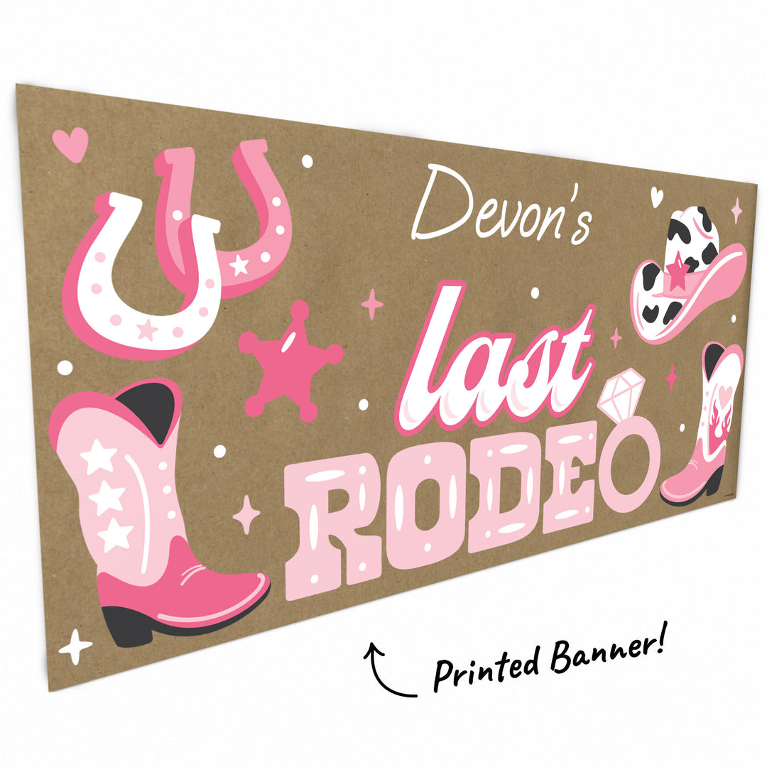 Cowgirl boots and hat artwork close-up on pink western banner