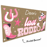 Cowgirl boots and hat artwork close-up on pink western banner