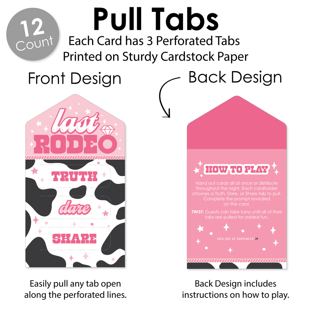 Last Rodeo - Pink Cowgirl Bachelorette Party Game Pickle Cards - Truth, Dare, Share Pull Tabs - Set of 12