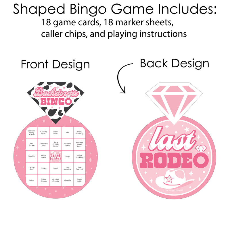 Last Rodeo - Bar Bingo Cards and Markers - Pink Cowgirl Bachelorette Party Shaped Bingo Game - Set of 18