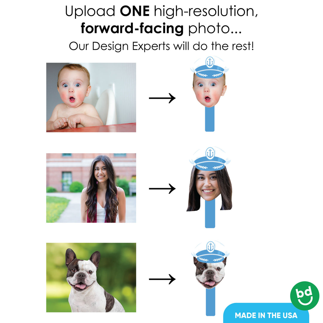 Custom photo face cutout paddle with nautical captain hat design