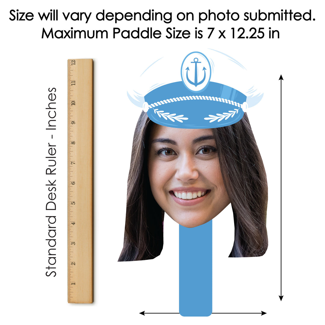Custom photo face cutout paddle with nautical captain hat design