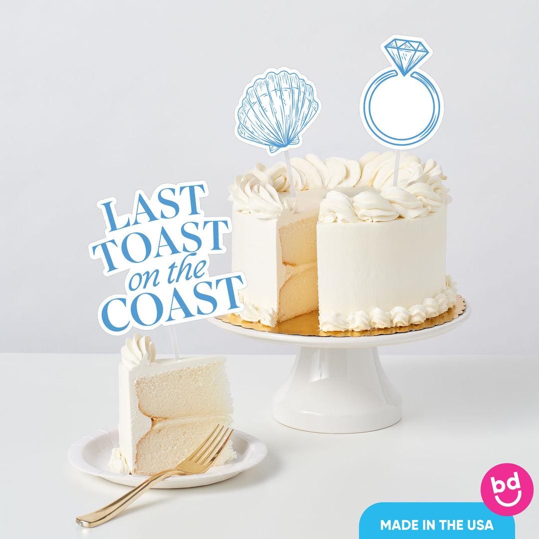 beach bachelorette party cake with themed toppers