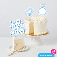 beach bachelorette party cake with themed toppers