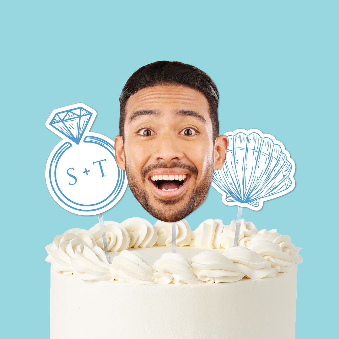 Coastal bachelorette cake topper with photo face ring and shell