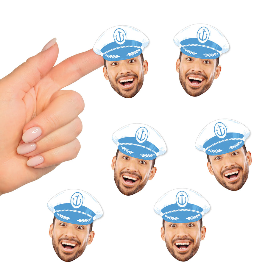 A collection of custom face stickers for a last toast on the coast party with a die-cut shape, each featuring a photo of a person wearing a captain's hat.