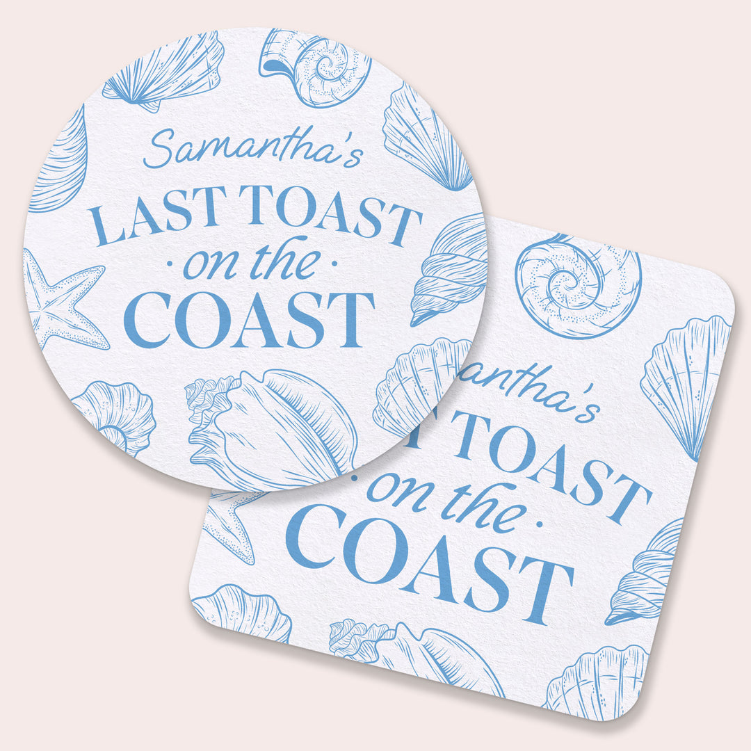 Two last toast on the coast coasters with blue shell patterns and text on a beige background 