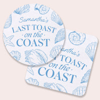 Two last toast on the coast coasters with blue shell patterns and text on a beige background 