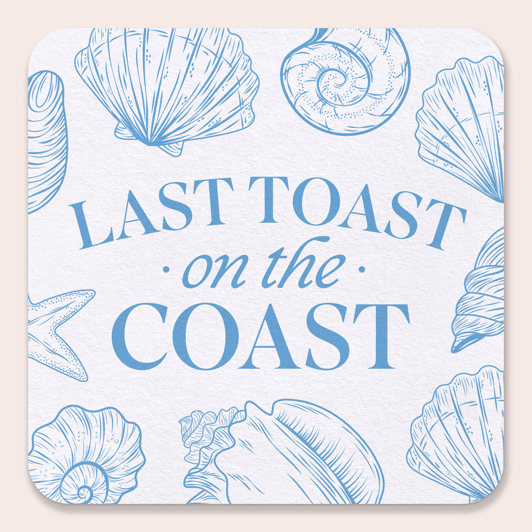 Drink coasters with blue seashell designs and text 'Last Toast on the Coast' on a light blue background