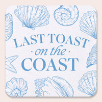 Drink coasters with blue seashell designs and text 'Last Toast on the Coast' on a light blue background