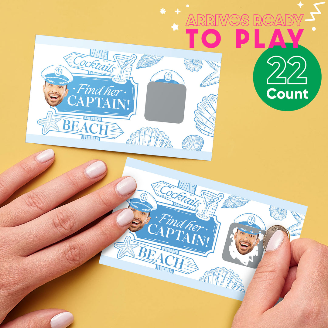 Packaging for 'Find her Captain' game cards on a yellow background.