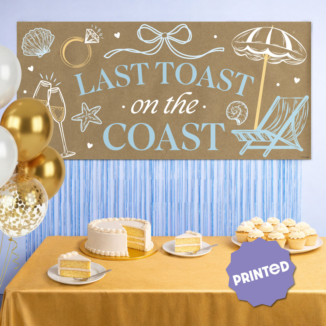 Coastal bachelorette banner displayed at beach house drink station