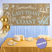 Coastal bachelorette banner displayed at beach house party backdrop