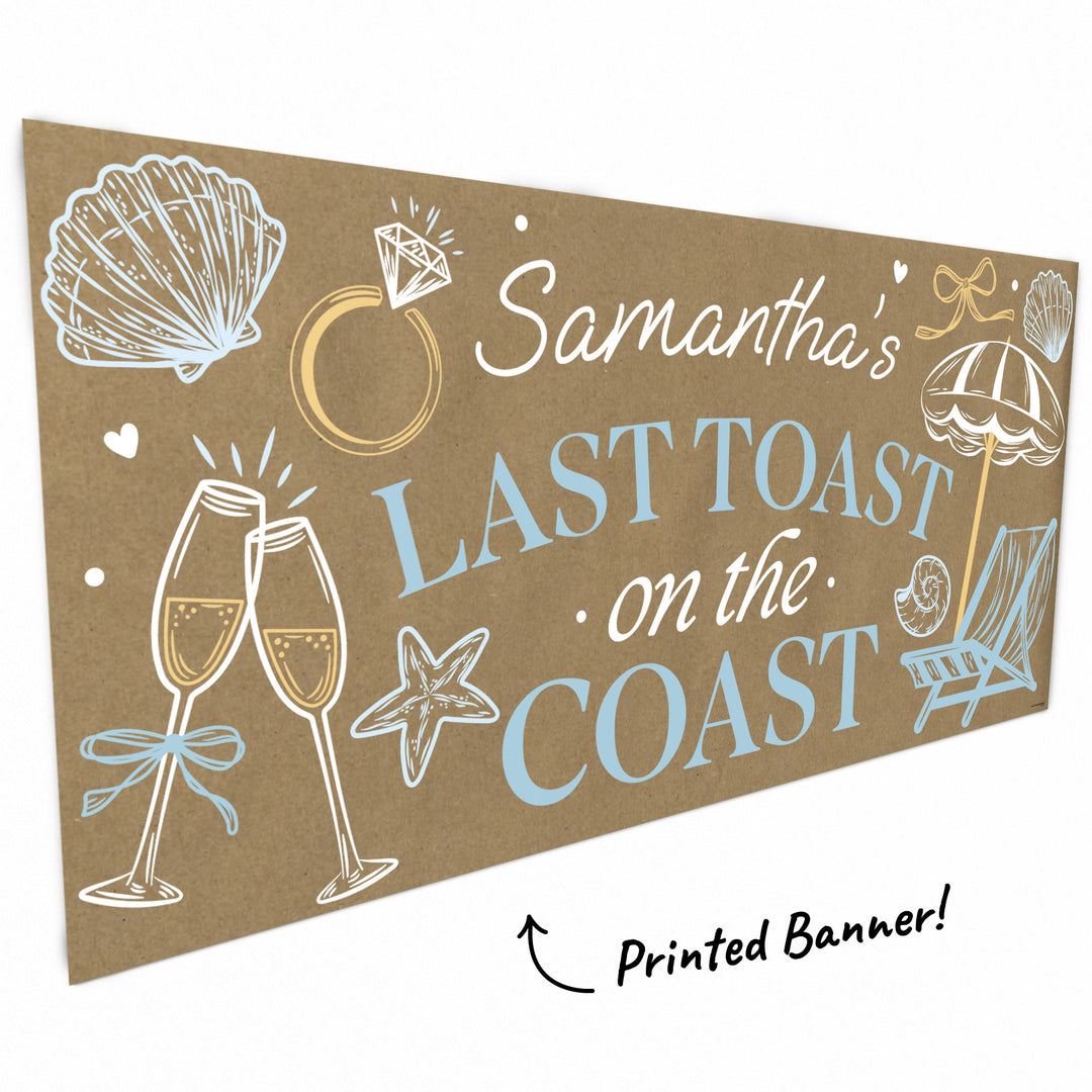 Seashells, champagne glasses and bow artwork close-up on kraft banner