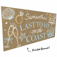 Seashells, champagne glasses and bow artwork close-up on kraft banner